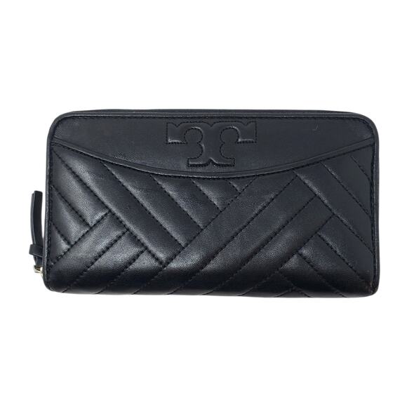 Tory Burch Alexa Zip Around Continental Leather Wallet Geometric Quilted Black - Picture 2 of 10